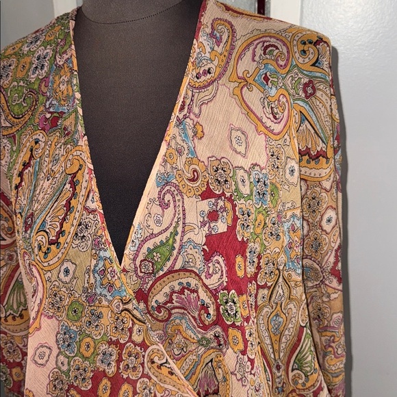 Express Y2K 100% Silk Sheer Open Front Wrap Style Paisley Blouse SZ Small - Picture 2 of 9